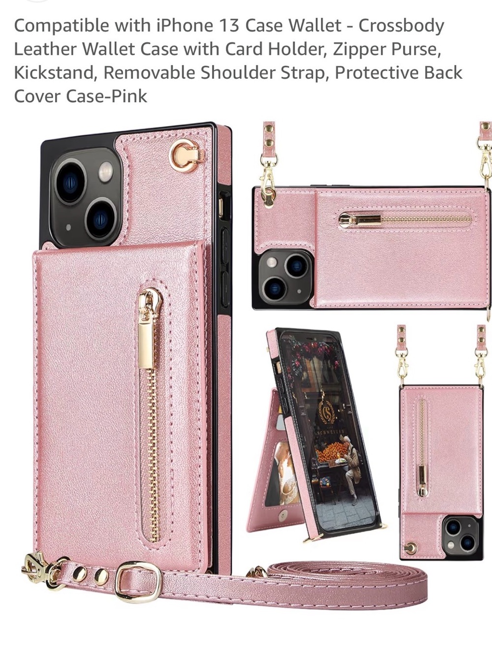 Pink Crossbody Wallet Phone Case with Zipper Purse for iPhone 13